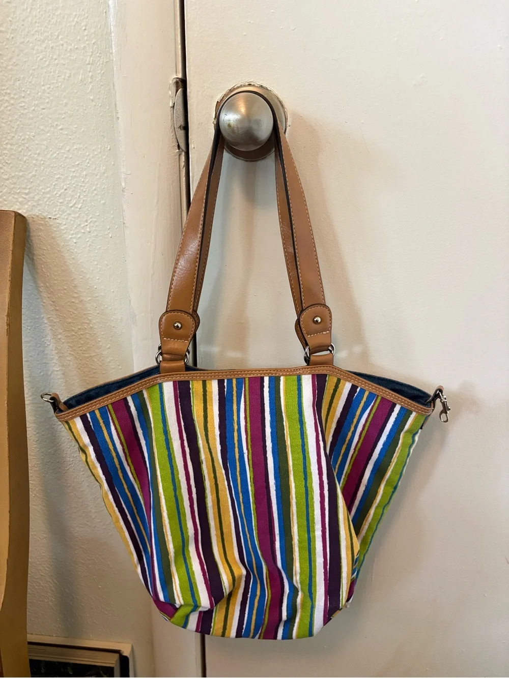 Multicolor Striped Tote Bag with Tan Handles